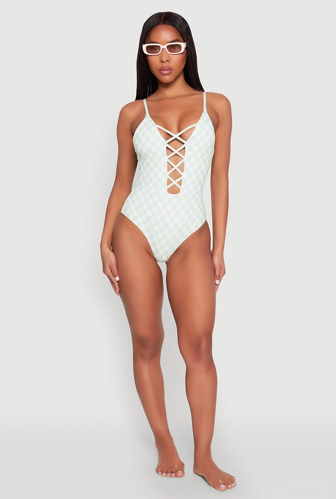 Womens Checkered Print Caged Front One Piece Swimsuit, M