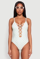 Womens Checkered Print Caged Front One Piece Swimsuit,