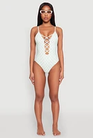Womens Checkered Print Caged Front One Piece Swimsuit, Green,