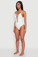 Womens Checkered Print Caged Front One Piece Swimsuit,
