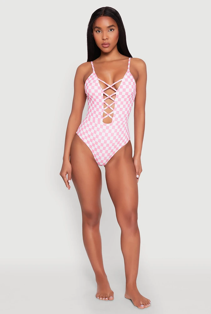 Womens Checkered Print Caged Front One Piece Swimsuit,