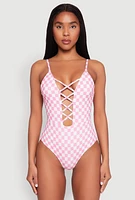 Womens Checkered Print Caged Front One Piece Swimsuit,