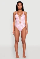Womens Checkered Print Caged Front One Piece Swimsuit,