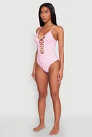 Womens Checkered Print Caged Front One Piece Swimsuit,