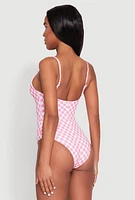 Womens Checkered Print Caged Front One Piece Swimsuit,