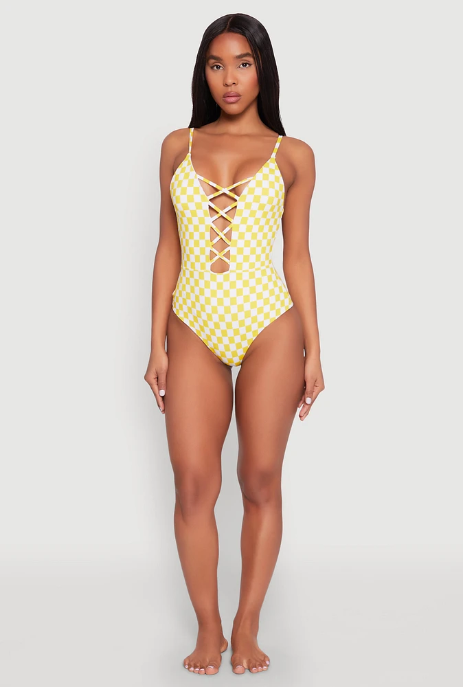 Womens Checkered Print Caged Front One Piece Swimsuit, Yellow, Size S