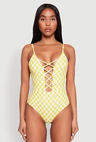 Womens Checkered Print Caged Front One Piece Swimsuit, Yellow, Size S