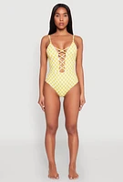 Womens Checkered Print Caged Front One Piece Swimsuit, Yellow, Size S