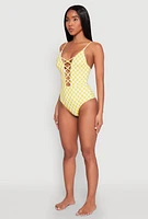 Womens Checkered Print Caged Front One Piece Swimsuit, Yellow, Size S