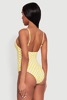 Womens Checkered Print Caged Front One Piece Swimsuit, Yellow, Size S