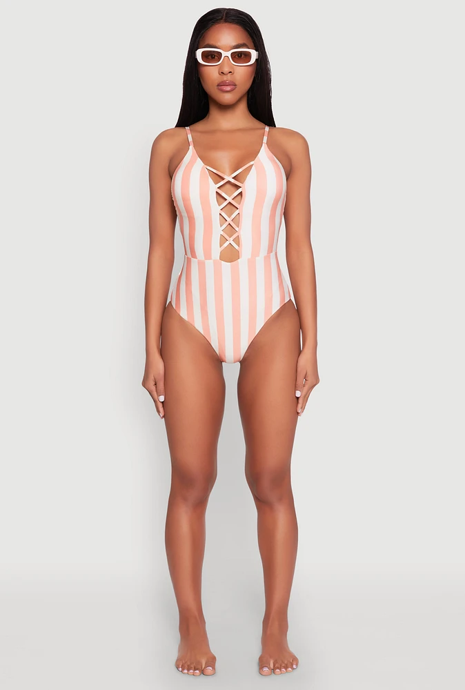 Womens Striped Caged Front One Piece Swimsuit, Orange, Size M