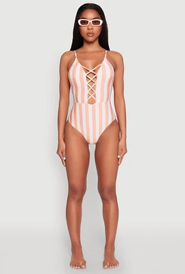 Womens Striped Caged Front One Piece Swimsuit, Orange, Size M