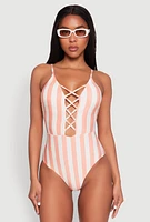 Womens Striped Caged Front One Piece Swimsuit, Orange, Size M