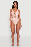 Womens Striped Caged Front One Piece Swimsuit, Orange, Size M