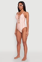 Womens Striped Caged Front One Piece Swimsuit, Orange, Size M