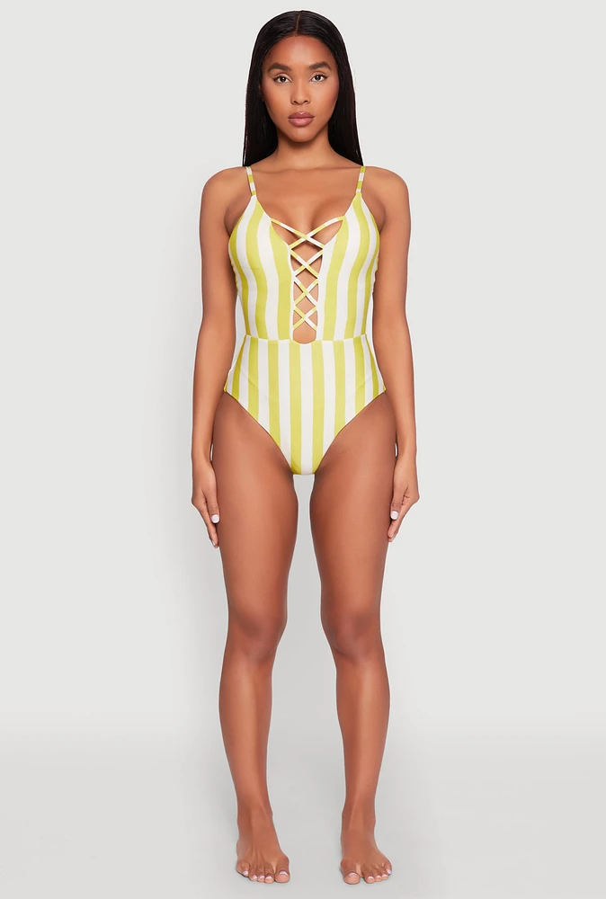 Womens Striped Caged Front One Piece Swimsuit, Green, Size XL