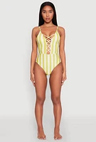 Womens Striped Caged Front One Piece Swimsuit, Green, Size XL