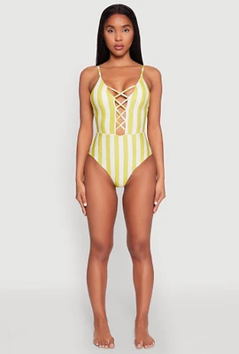 Womens Striped Caged Front One Piece Swimsuit, Green, Size M