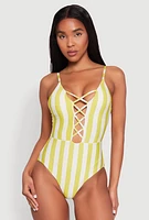 Womens Striped Caged Front One Piece Swimsuit, Green, Size XL