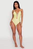 Womens Striped Caged Front One Piece Swimsuit, Green, Size XL