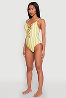 Womens Striped Caged Front One Piece Swimsuit, Green, Size XL