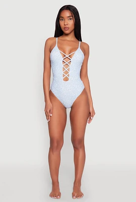 Womens Ditsy Floral Print Caged Front One Piece Swimsuit, Blue,