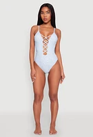 Womens Ditsy Floral Print Caged Front One Piece Swimsuit, Blue,