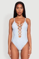 Womens Ditsy Floral Print Caged Front One Piece Swimsuit, Blue,