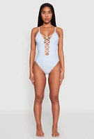 Womens Ditsy Floral Print Caged Front One Piece Swimsuit, Blue,