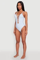 Womens Ditsy Floral Print Caged Front One Piece Swimsuit, Blue,