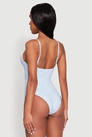 Womens Ditsy Floral Print Caged Front One Piece Swimsuit, Blue,
