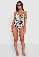 Womens Zebra Print Caged Front One Piece Swimsuit, Multi,