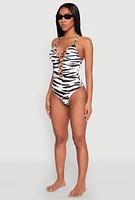 Womens Zebra Print Caged Front One Piece Swimsuit, Multi,