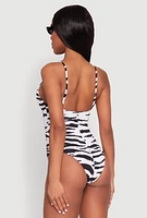 Womens Zebra Print Caged Front One Piece Swimsuit, Multi,