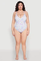 Womens Plus Size Retro Floral V Neck One Piece Swimsuit, Multi, Size 3X