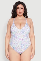 Womens Plus Size Retro Floral V Neck One Piece Swimsuit, Multi, Size 3X
