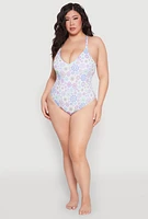 Womens Plus Size Retro Floral V Neck One Piece Swimsuit, Multi, Size 3X