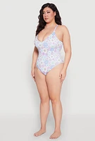 Womens Plus Size Retro Floral V Neck One Piece Swimsuit, Multi, Size 3X