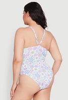 Womens Plus Size Retro Floral V Neck One Piece Swimsuit, Multi, Size 3X