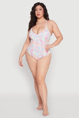 Womens Plus Paisley Print One Piece Swimsuit, Multi,