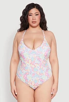 Womens Plus Paisley Print One Piece Swimsuit, Multi,