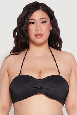Womens Plus Size Twist Front Bandeau Swim Bikini Top, Black, Size 2X