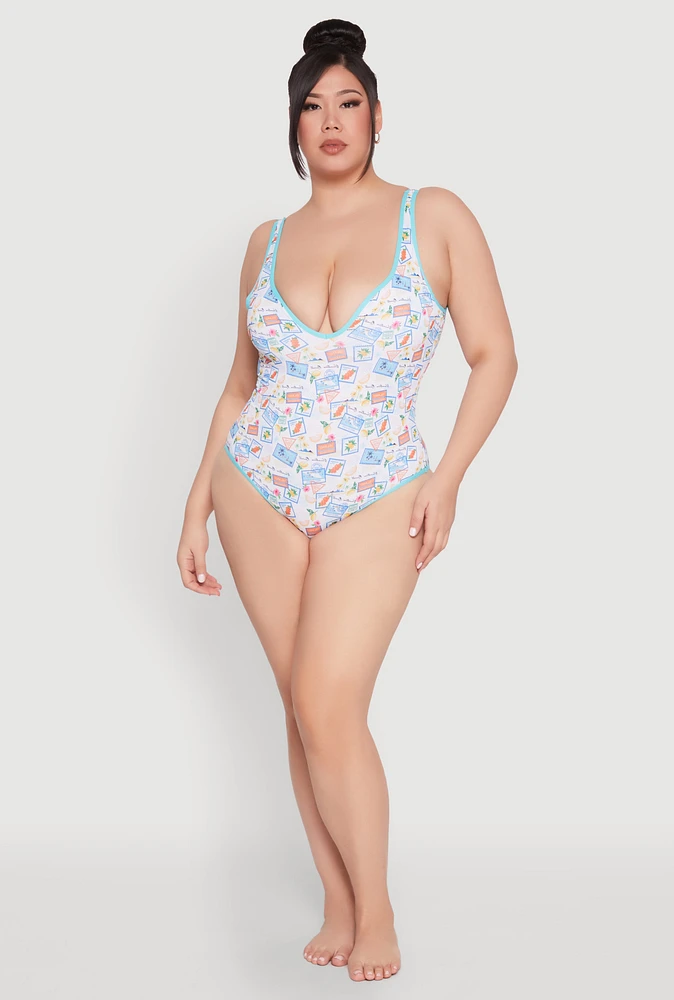 Womens Plus Size Tropical Stamp Print One Piece Swimsuit, Multi, Size 1X