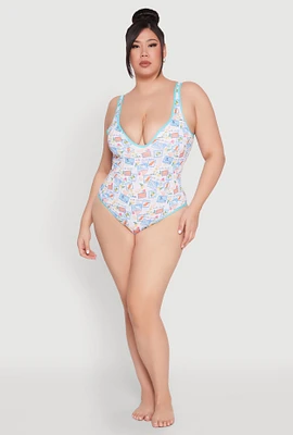 Womens Plus Size Tropical Stamp Print One Piece Swimsuit, Multi, Size 1X