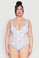 Womens Plus Size Tropical Stamp Print One Piece Swimsuit, Multi, Size 1X