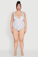 Womens Plus Size Tropical Stamp Print One Piece Swimsuit, Multi, Size 1X