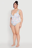 Womens Plus Size Tropical Stamp Print One Piece Swimsuit, Multi, Size 1X