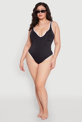 Womens Plus Size Contrast Trim Plunge One Piece Swimsuit, Black, Size 1X