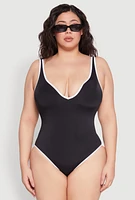 Womens Plus Size Contrast Trim Plunge One Piece Swimsuit, Black, Size 1X