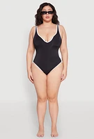 Womens Plus Size Contrast Trim Plunge One Piece Swimsuit, Black, Size 1X